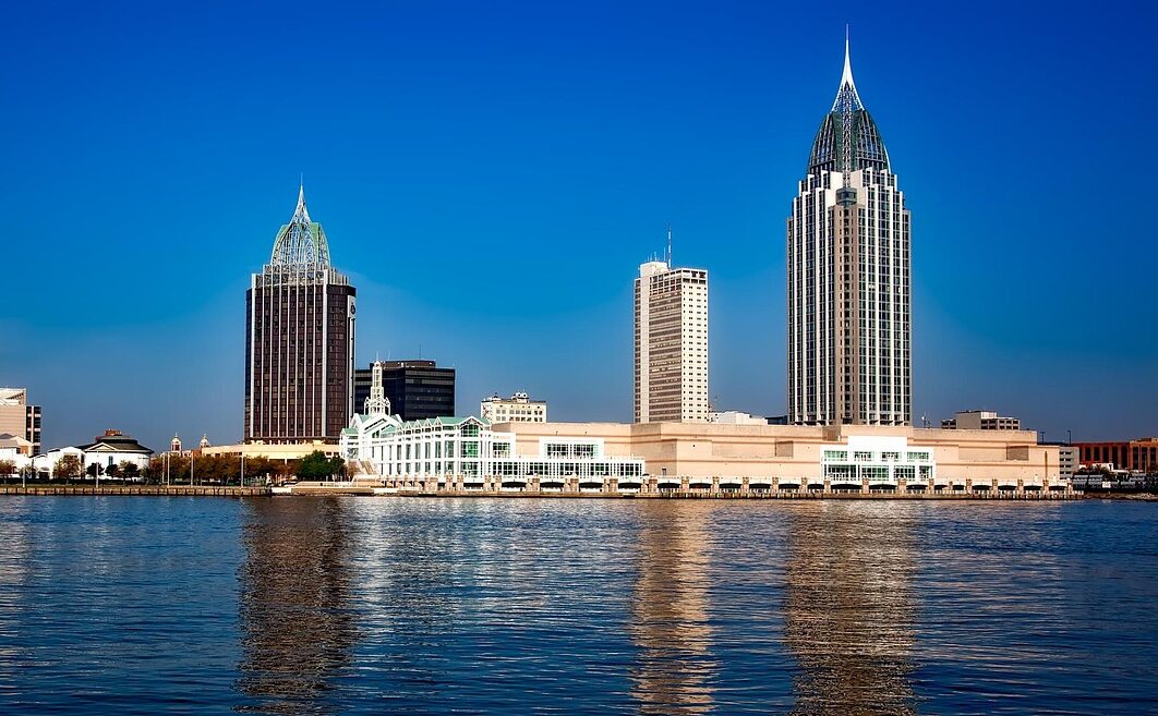 mobile, alabama, panorama, city, cities, urban, skyline, cityscape, bay, harbor, sea, ocean, reflections, nature, hdr, architecture, sky, waterfront, scenic, rsa tower, blue mobile